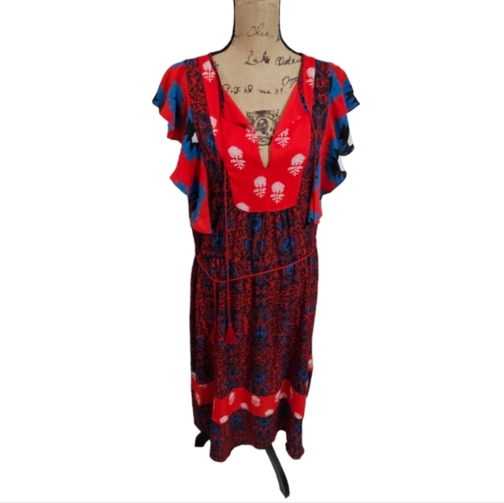 Desigual Red and Blue Boho Flutter Sleeve Midi Dress Size 44 US 10 new!